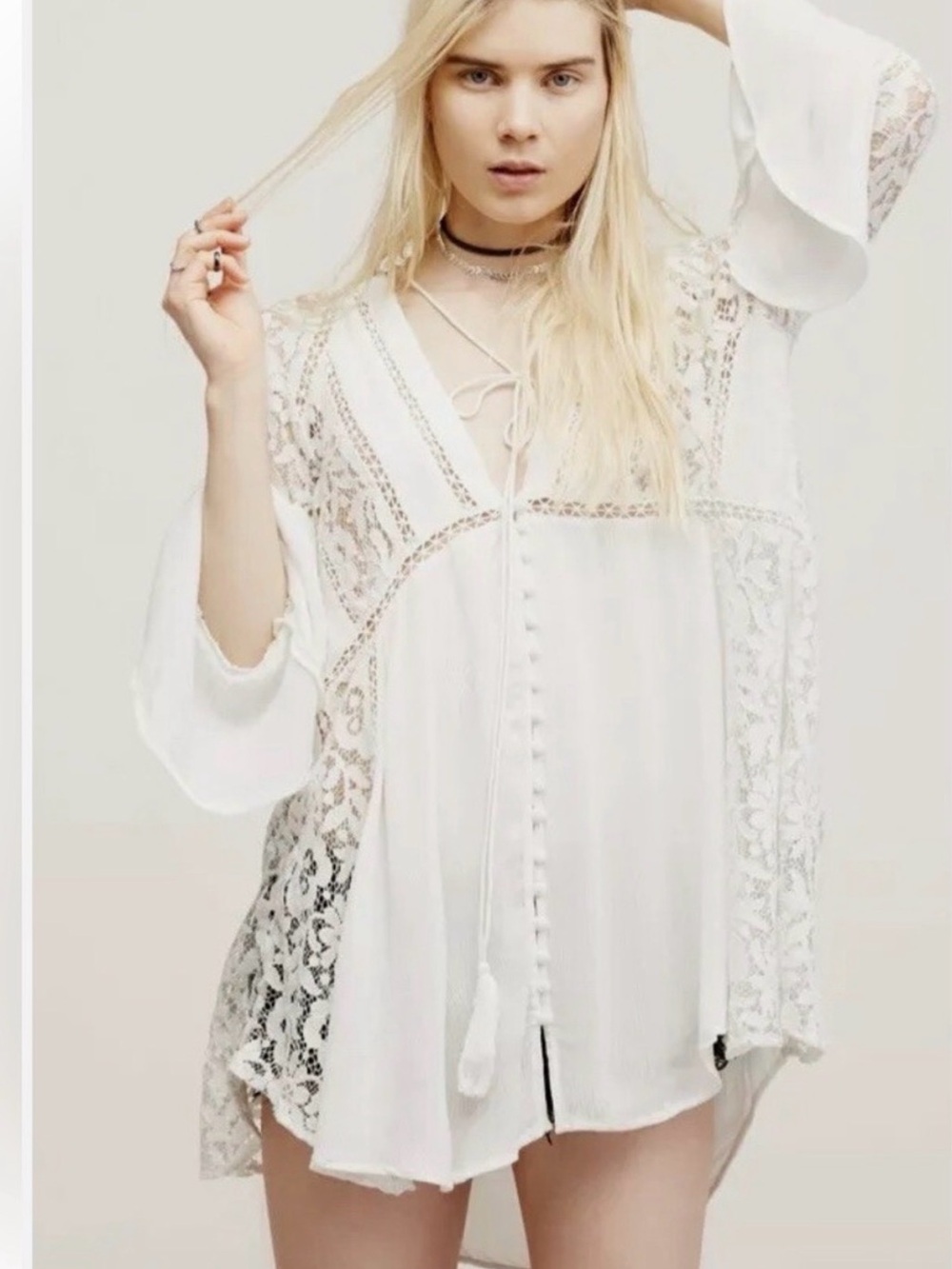 Free People Rare Lovestonee White Lace-Panel Boho Tunic Top -